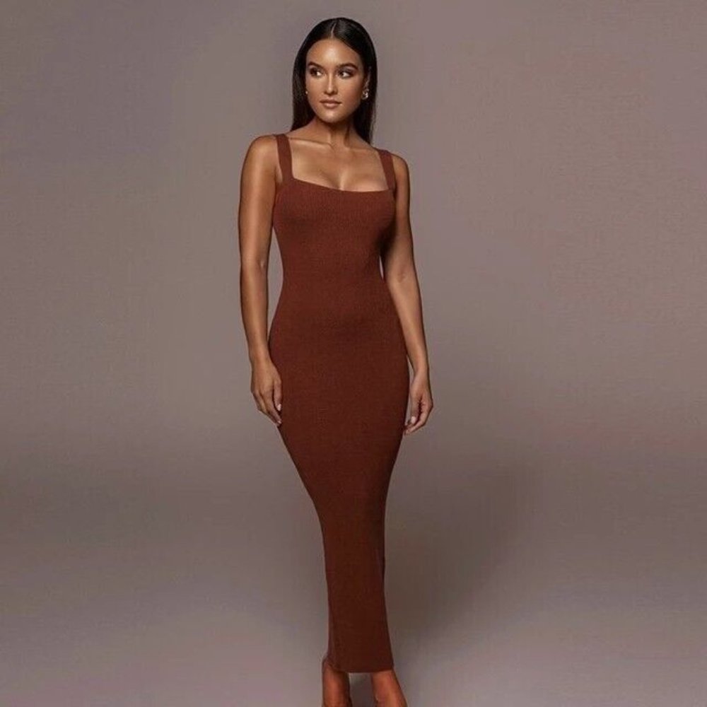 Womens Ribbed Slip Midi Dress Large L Brown Wide Straps Sleeveless Stretch